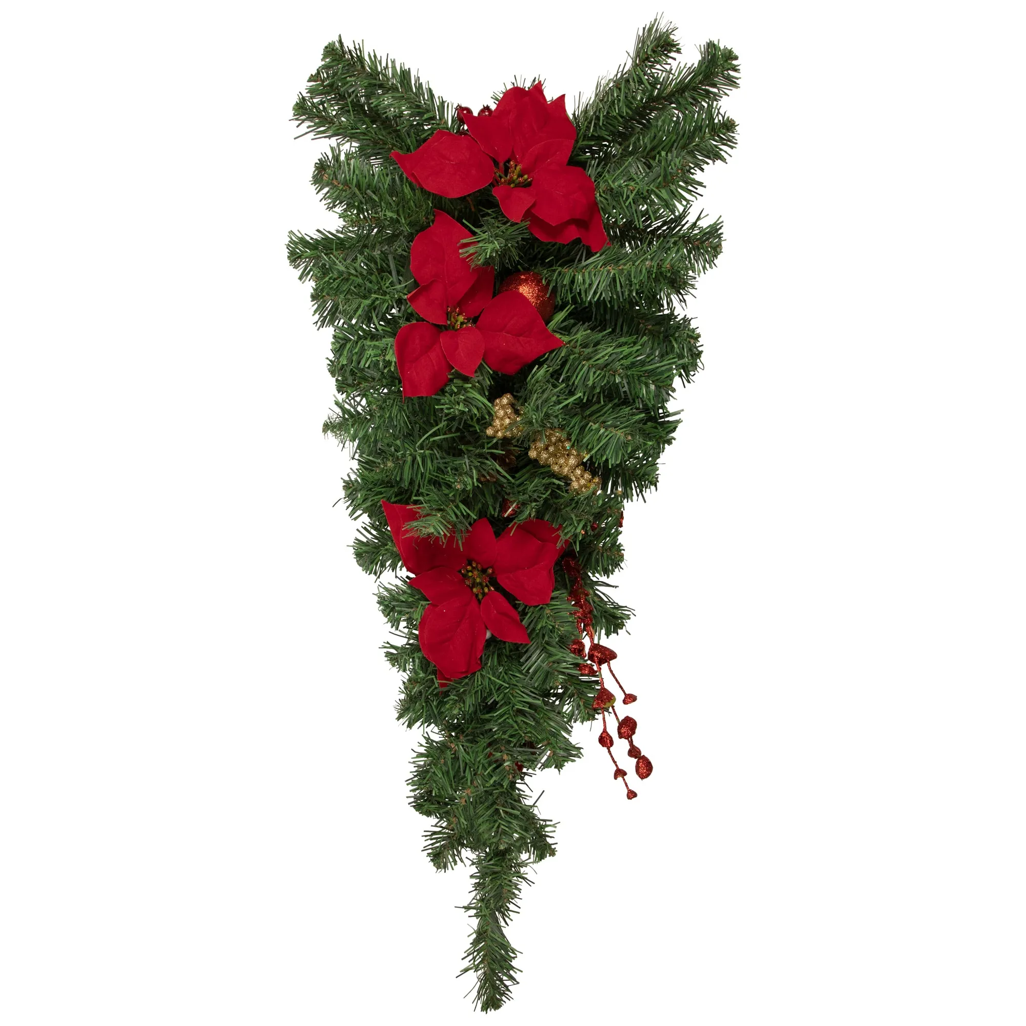 Northlight 30'' Red Poinsettia and Gold Pine Cone Artificial Christmas Teardrop ...