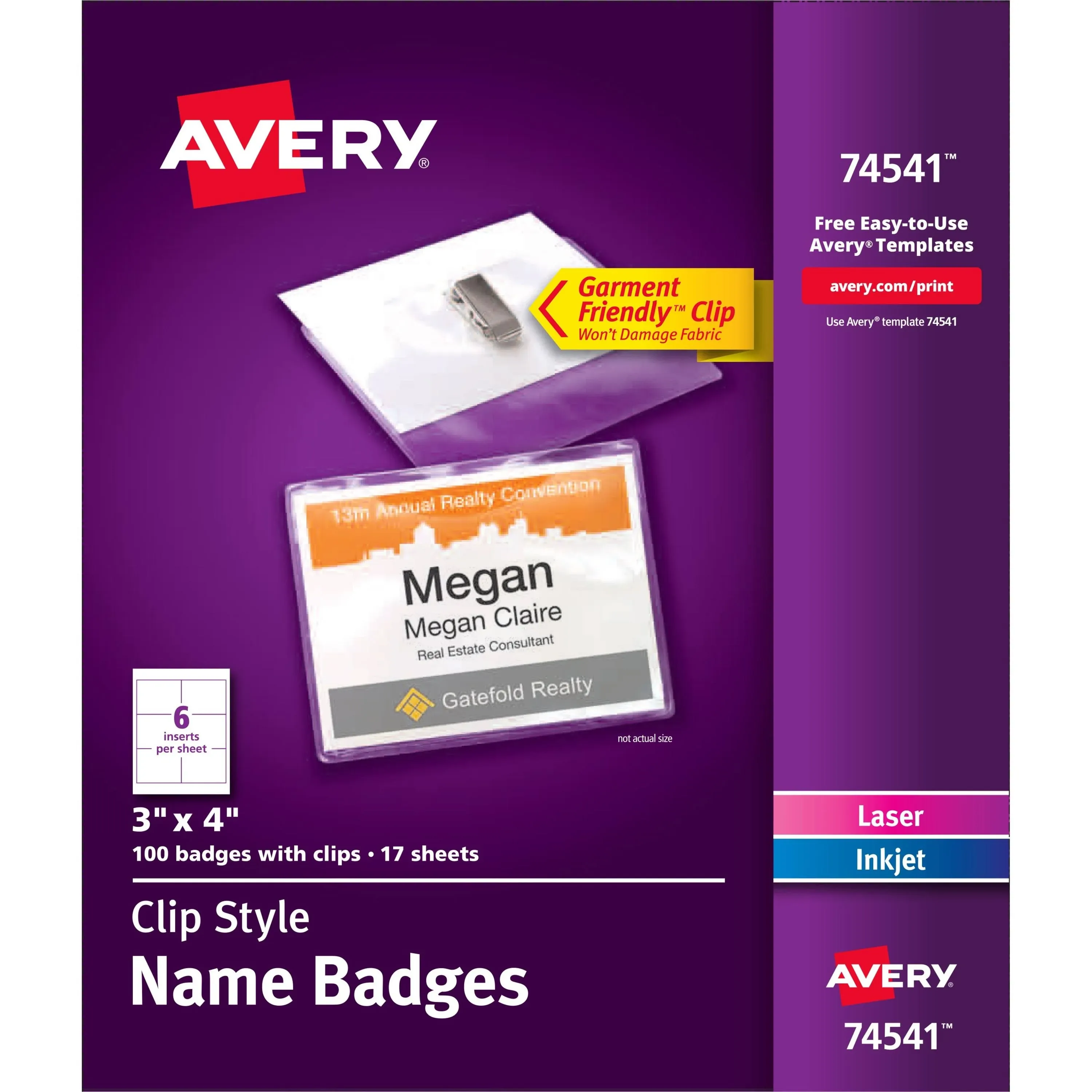 Avery - Clip-Style Name Badge Holder with Laser/Inkjet Insert, Top Load, 4 x 3, White, 100/Box