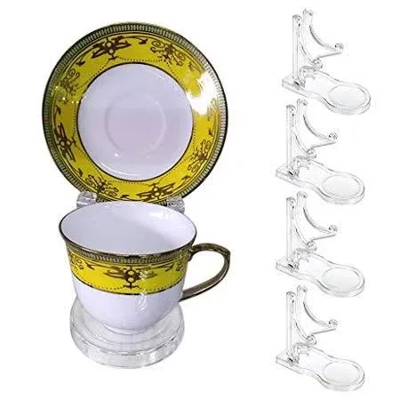 Hipiwe Acrylic Tea Cup Saucer Display Stands Clear Dinnerware Display Easel Stand Teacup Sets Plate Holder, Pack of 5, High Legs