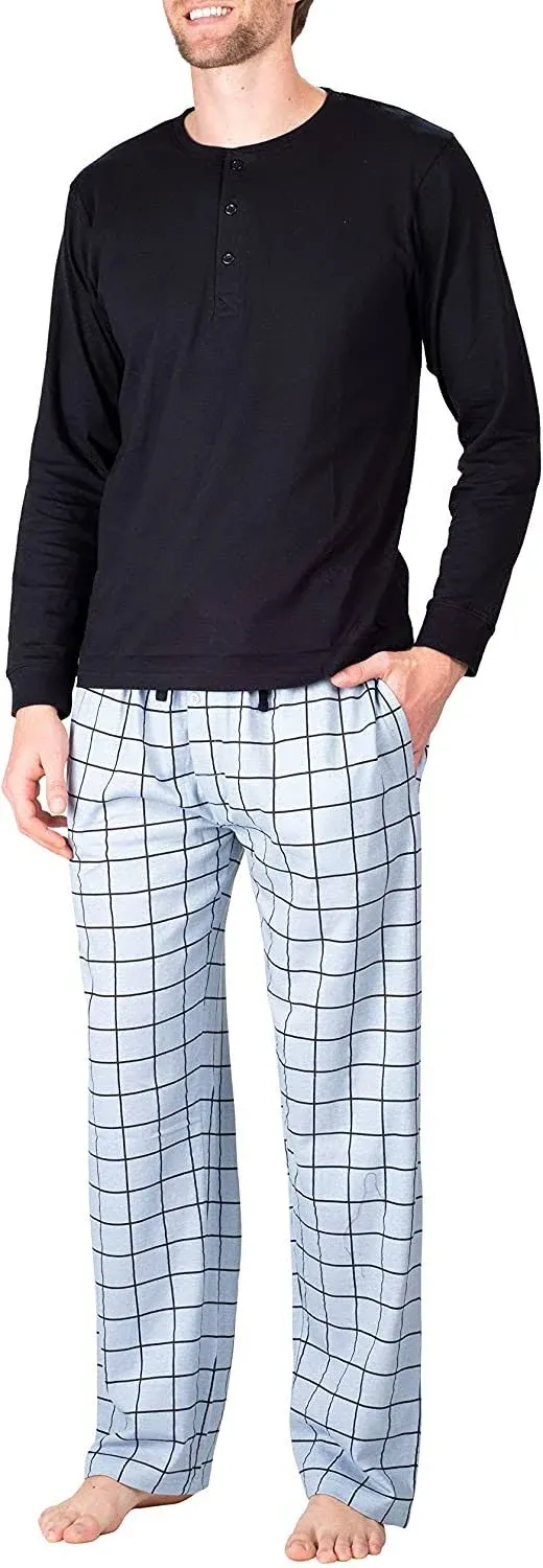 SLEEPHERO Men’s 2 Piece Pajama Set with Cotton Knit Men Pajama Pants and Long Sleeve Henley T-Shirt