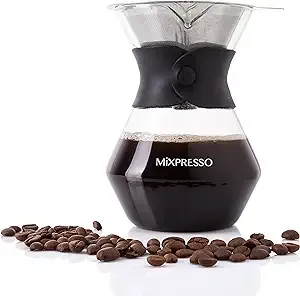 Mixpresso Pour Over Coffee Maker Set Glass Carafe Borosilicate White Protective Silicone Sleeve, Pour Over Coffee Dripper Brewer With Double-layer Stainless Steel Filter 13.5 Oz