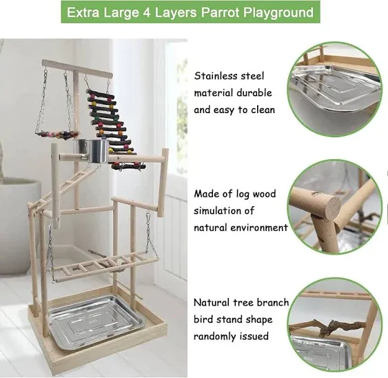 Hamiledyi 4 Layers Large Bird Playground 32" H Pet Parrot Playstand Gym Perch Wood Playpen for Parakeets Lovebirds Conure Cockatiel Cockatoos Finch Budgies or Other Small and Medium Sized Birds