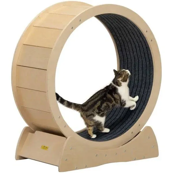 COZIWOW Large Wood Cat Exercise Wheel, Cat-Powered Running Spinner with Carpeted Runway, Natural and Gray