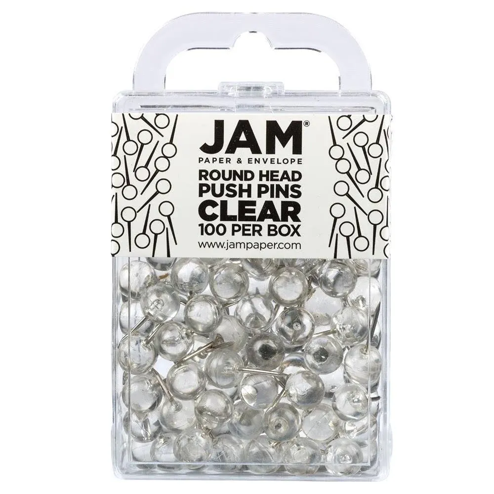 Jam Paper Round Head Push Pins Clear 100/Pack (346RTCL)