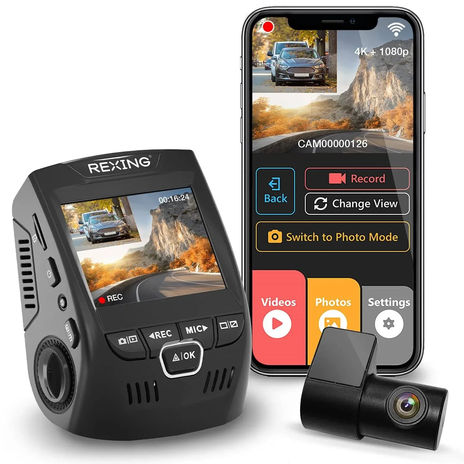 Rexing V1P 4K Dual Channel Dash Cam 4K+1080p with Wi-Fi 2.4” LCD | 170 ° Wide Angle | Dashboard Camera Recorder with Rear Camera | Supercapacitor | G-Sensor | WDR | Loop Recording | Mobile App