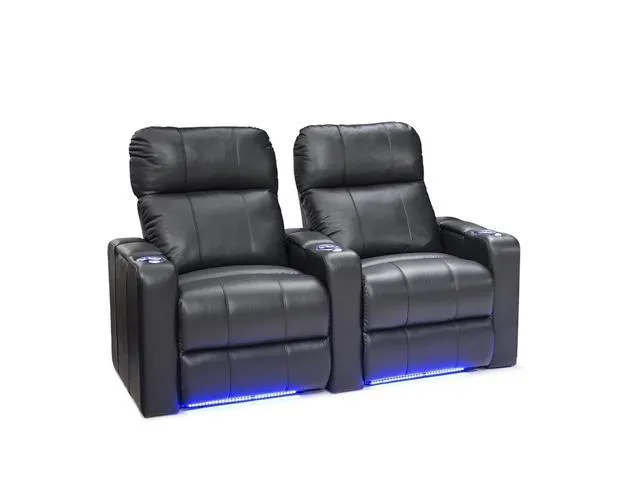 8AM Office Monterey Leather Home Theater Seating Power Recline With Adjustable Powered Headrests, In-Arm Storage, And Usb Charging, Row Of 2, Black