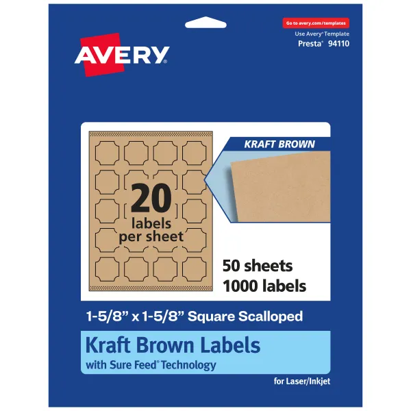 Avery® Matte Permanent Labels With Sure Feed®, Print-to-the-Edge, 94110-KMP50, Square Scalloped, 1-5/8" x 1-5/8", 100% Recycled, Kraft Brown, Pack Of