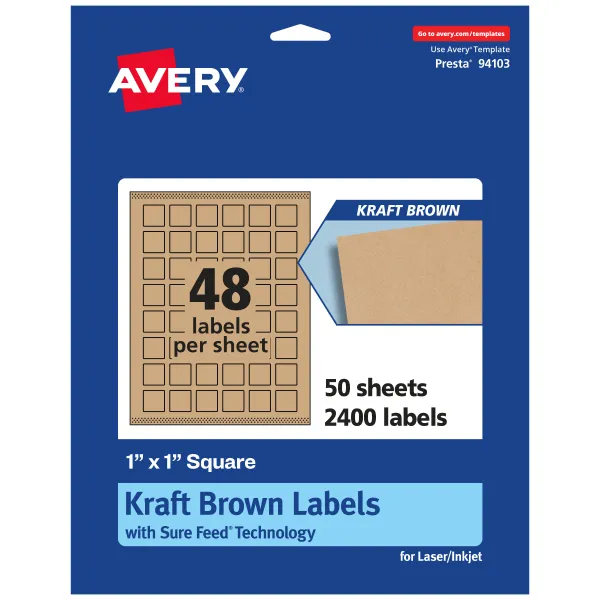 Avery® Matte Permanent Print-To-The-Edge Labels With Sure Feed®, 94103-KMP50, Square, 1" x 1", Kraft Brown, Pack Of 2,400 Labels