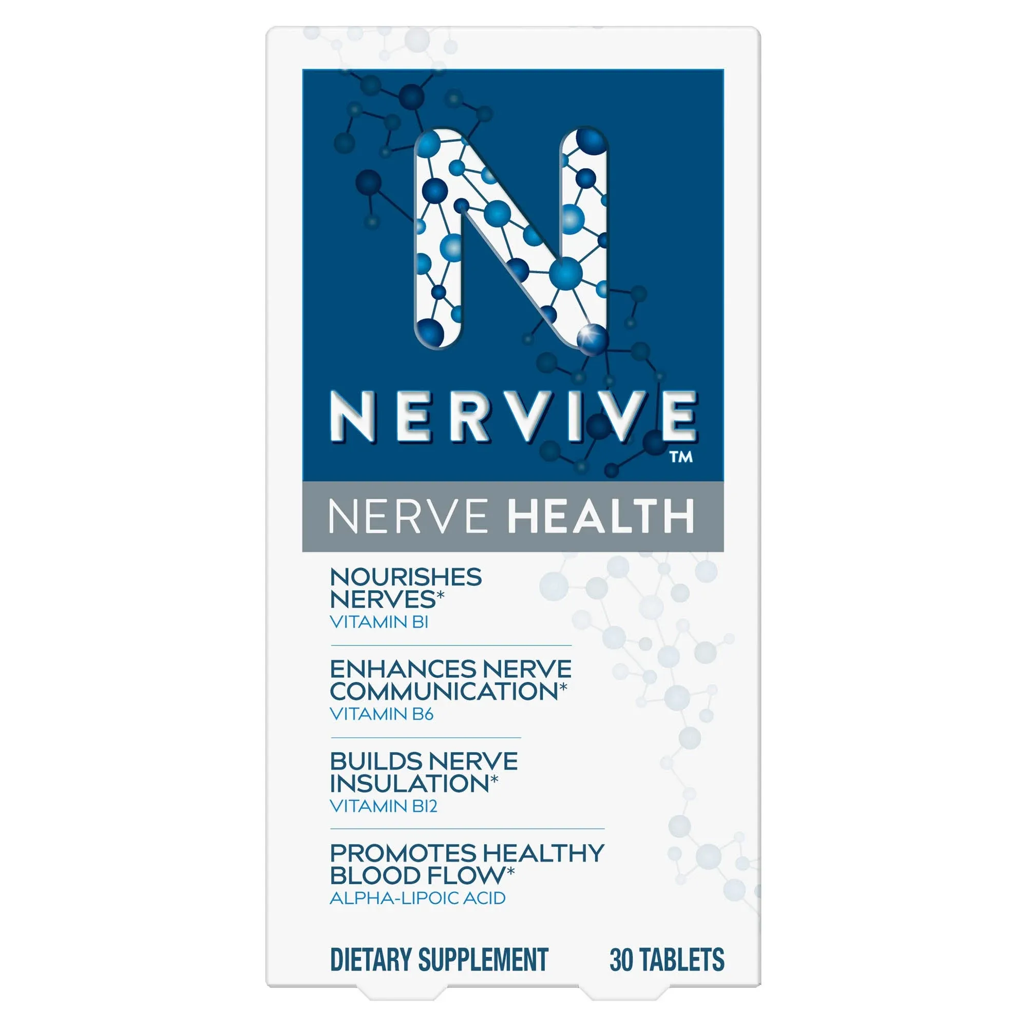 Nervive
           Nerve Health -- 30 Tablets
        
        
        
        
        
          
          SKU #: 037000491156
          
            Shipping Weight:
              0.16 lb
            
          
          
            Servings:
              30