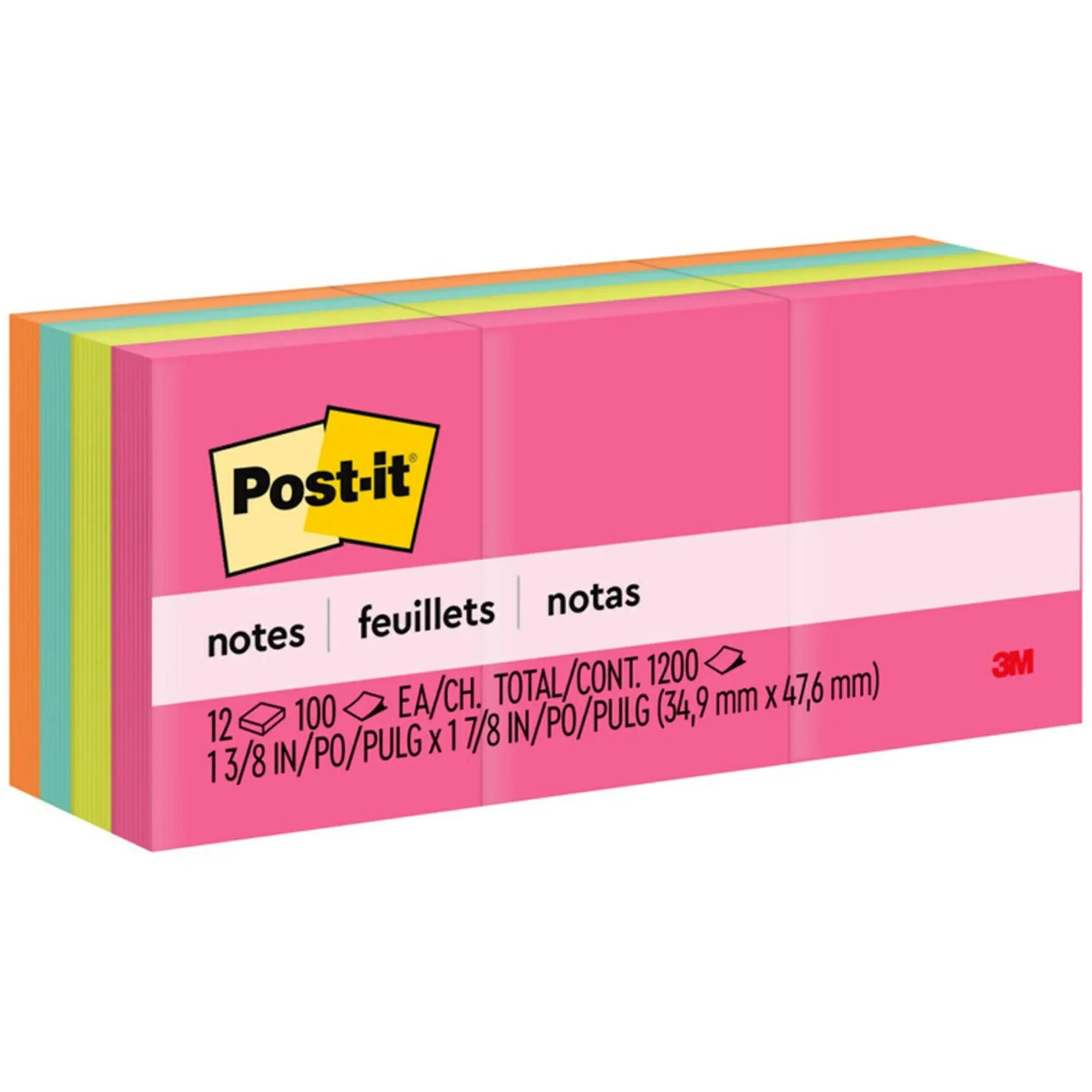 Post-it Notes, 1 3/8 in. x 1 7/8 in., 12 Pads, 100 Sheets/Pad, Clean Removal, Poptimistic Collection