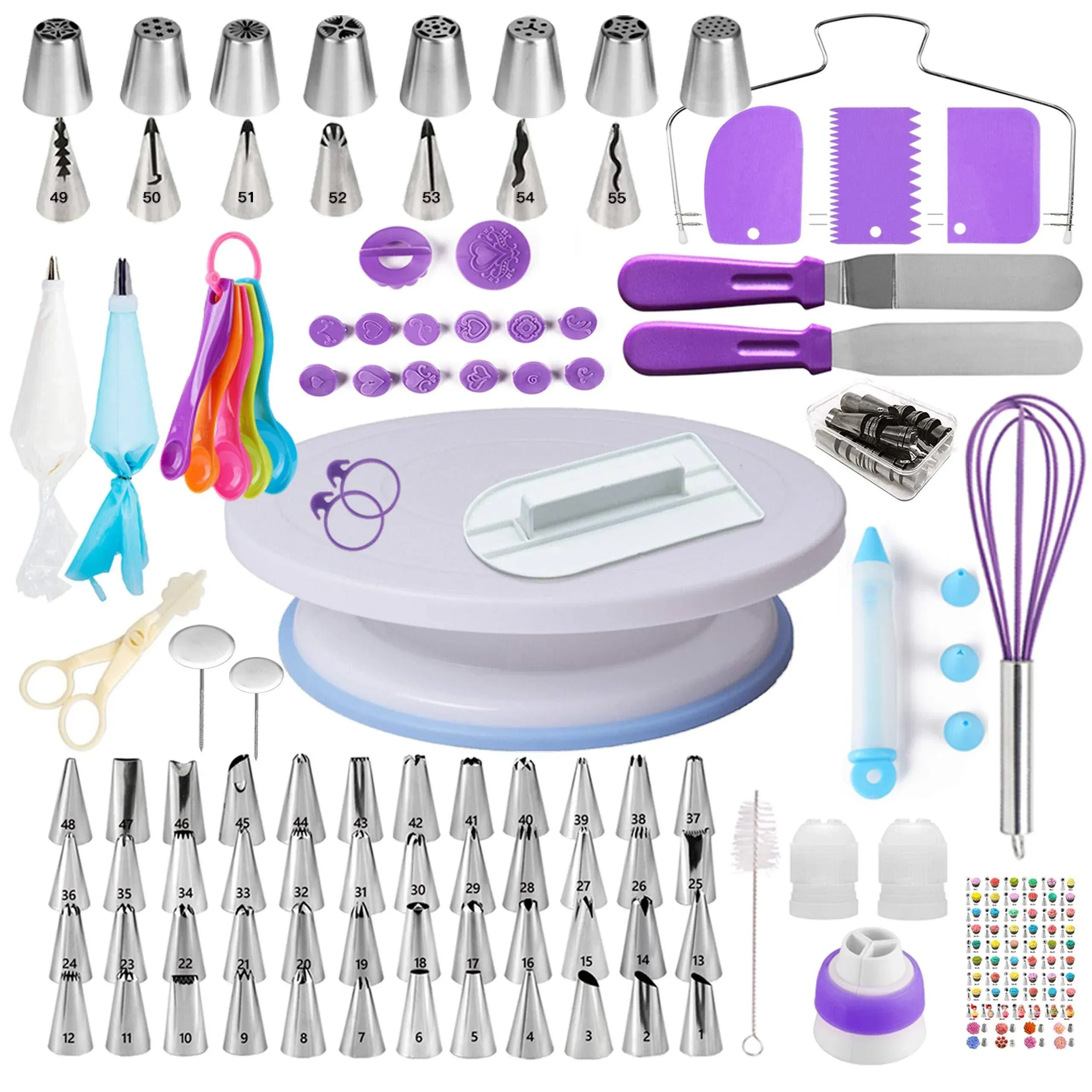 Boyun Cake Decorating Kit, Cake Decorating Supplies Include Revolving Cake Turntable, 2 Spatulas,3 Icing Comb Scraper, Leveler，Piping Bags and Tips Set Includes 64 Piping Tips with Book(Purple)