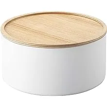 YAMAZAKI Home Rin Round Storage Case, Snacks, Toy, Or Craft Supplies Holder, Sewing Box Organizer, Wooden Lid Tray - Tall - Steel + WoodYAMAZAKI Home Rin Round Storage Case, Snacks, Toy, O…