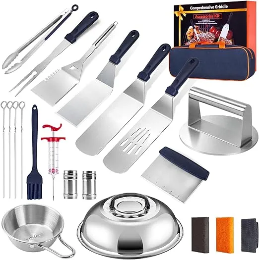 24PCS Griddle Accessories Kit, Flat Top Grill Accessories Set for Blackstone and Camp Chef, Grill Spatula Set with Slotted Spatulas, Basting Cover, Scraper,Spice shakers for Outdoor BBQ