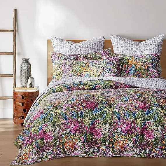 Levtex Home - Basel Quilt Set - Full/Queen Quilt + Two Standard Pillow Shams - Multicolor Floral - Quilt Size (88x92in.) and Pillow Sham Size (26x20in.) - Reversible - Cotton