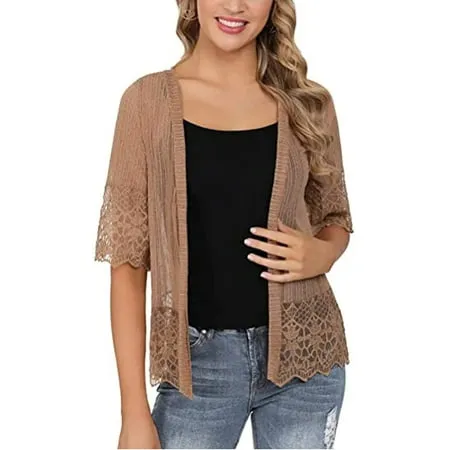 Women Lace Crochet Cardigan Half Sleeve Open Front Bolero Shrug Sheer Cover Up Streetwear