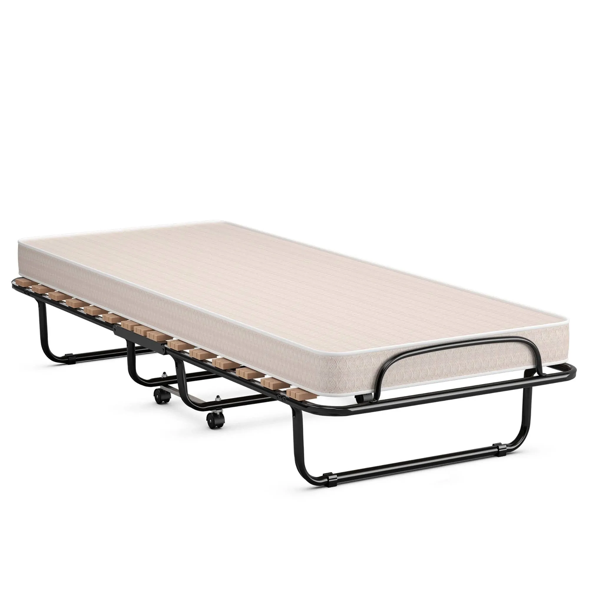 HAPPYGRILL Folding Bed with Memory Foam Mattress Fold Out Cot Size Rollaway Guest Bed with Sturdy Metal Wood Frame, 75 x 31.5 Inch