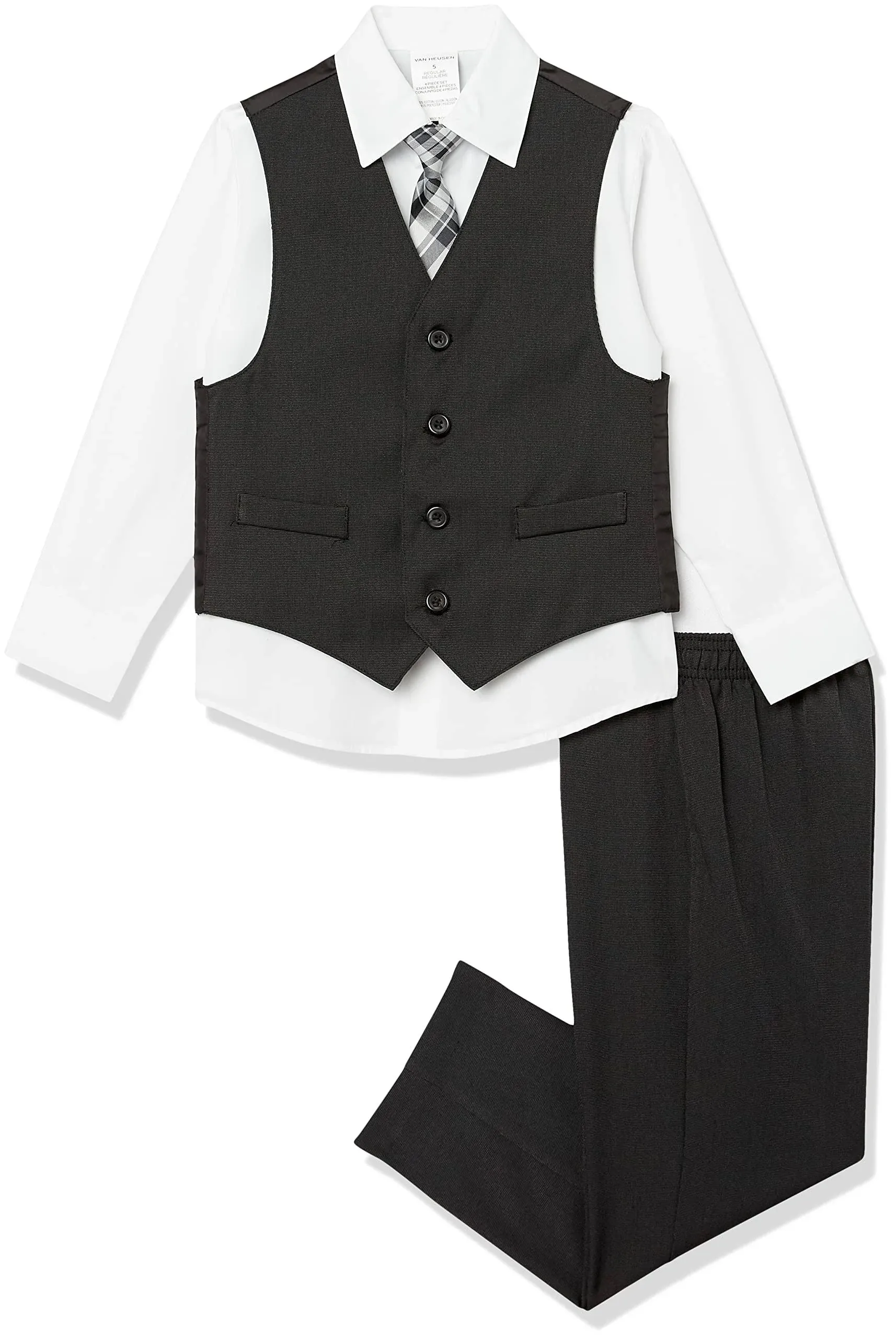 Van Heusen Boys' 4-Piece Formal Suit Set, Vest, Pants, Collared Dress Shirt, and Tie, Black/White Stripe, 2T