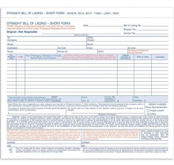 Adams Bill of Lading Short Form, 3-Part, 250/Pk