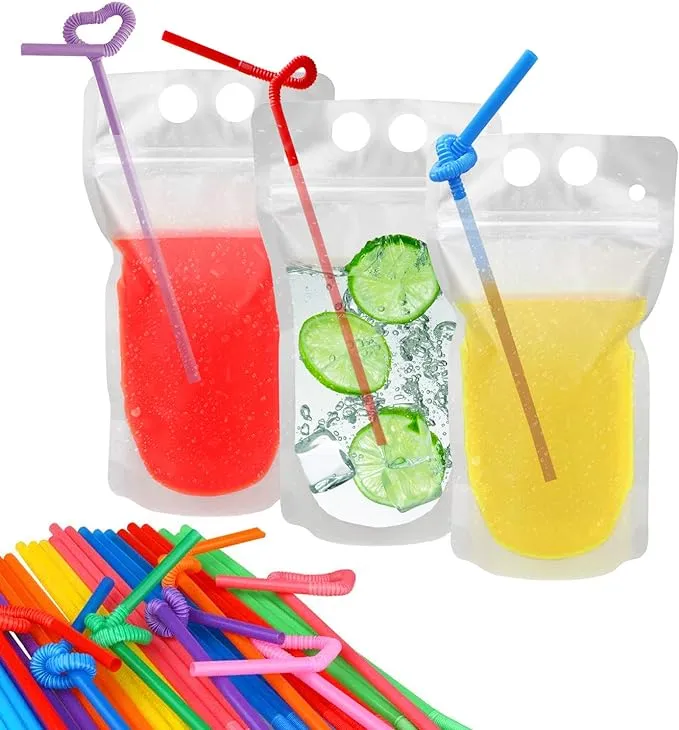 100 Pcs Drink Pouches with 100 Straw Holes, Freezable Juice Pouches, Translucent Reclosable Zipper Plastic Pouches Drink Bags for Cold & Hot Drinks for Adults and Kids