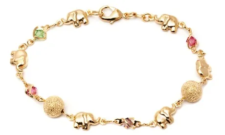 18K Gold Plated Elephant and Light Multi Color Crystals Anklet Bracelet 1 ct Round Crystal Crystal Elephant Multi-color