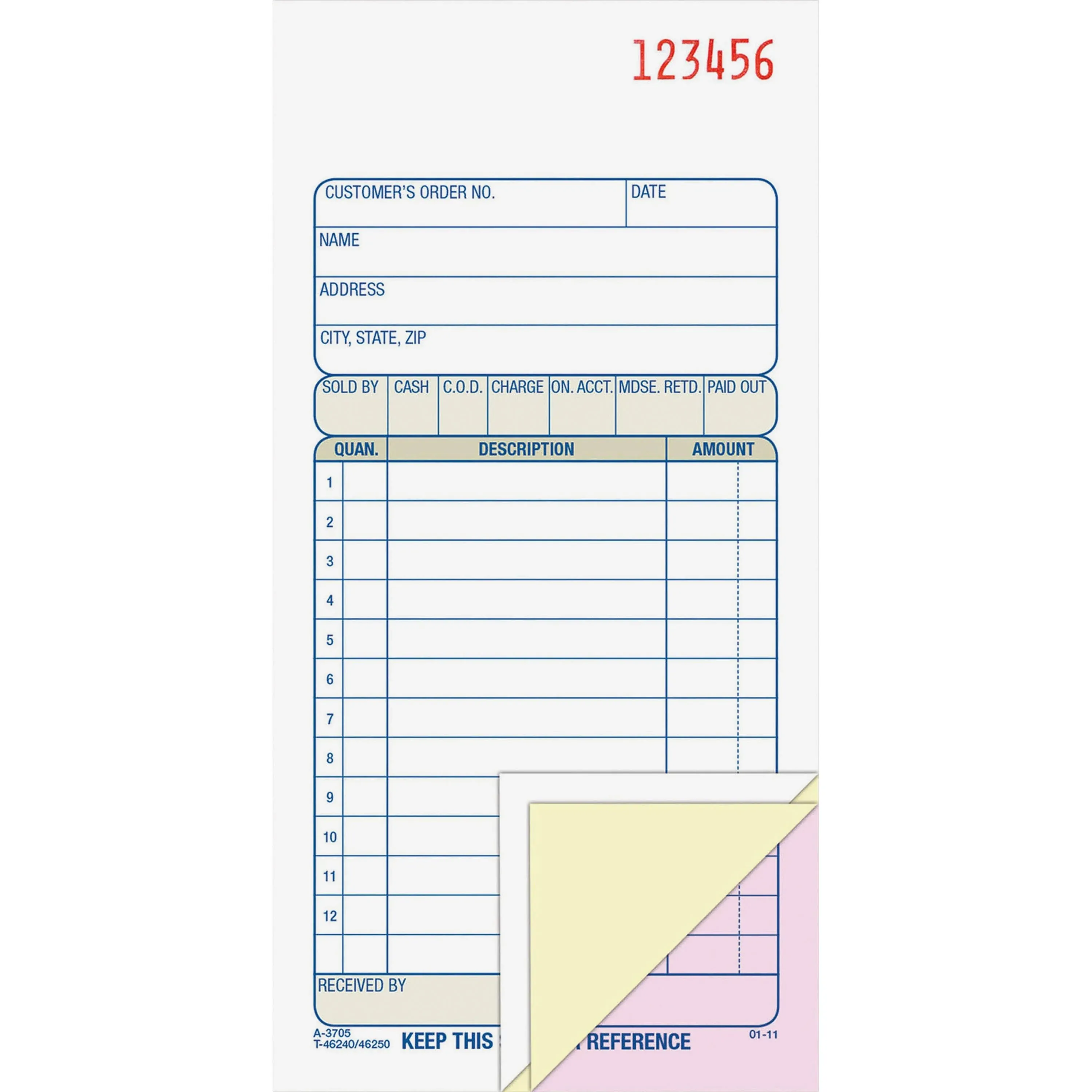 3-Part Sales Book, Three-Part Carbonless, 3.25 x 7.13, 50 Forms Total