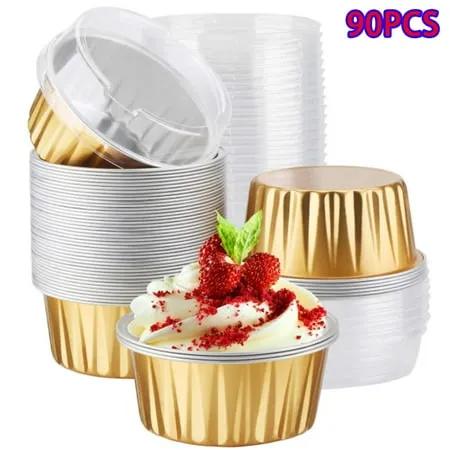 Foil Ramekins with Lids, 5Oz 100Pcs Aluminum Foil Cupcake Liners, Muffin Liners