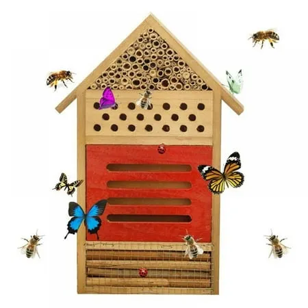 Insect House Natural Wooden Bee Hotel Butterfly Habitat for Gardens Ladybugs lacewings Butterfly Mason Bees Leaf Cutter & Many Other Beneficial Insects