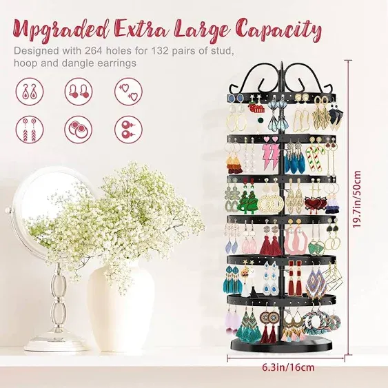 MODOWEY 6 Tier Rotating Earring Holder Organizer, Adjustable Metal Earring Display Stand Storage Rack, 264 Holes Earring Tree Organizer for Women Girl (White)