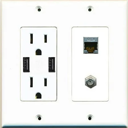 RiteAV 15A 125V Power Outlet with 2 Powered USB Ports and 1 x Cat6 Shielded Ethernet 1 x Coax Cable Decorative White Wall Plate