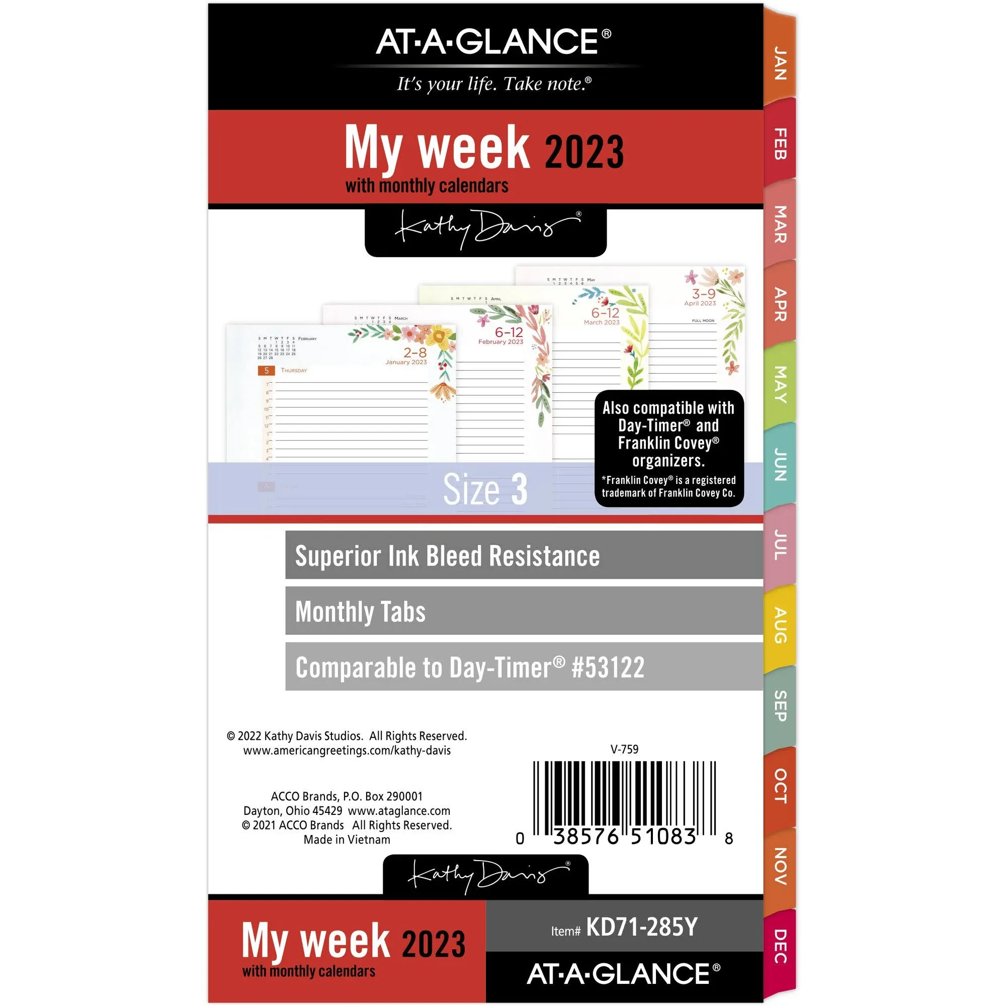 AT-A-GLANCE 2023 Weekly & Monthly Planner Refill, 53122 Day-Timer, 3-3/4" x 6-3/4", Size 3, Portable Size, Kathy Davis (KD71-285Y)