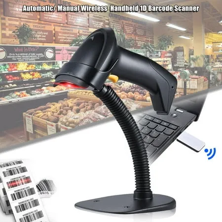 Automatic/ Manual 2.4G Wireless Handheld 1D Barcode Scanner Reader Supports Reverse Type Bar Code Scanning with USB Receiver Adjustable Stand for Supermarket Library Logistics Express Retail Store War