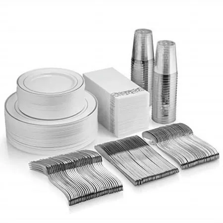 350 piece silver dinnerware set ~ 100 silver plastic plates ~ 50 silver plastic silverware ~ 50 silver plastic cups ~ 50 linen like silver paper napkins, 50 guest disposable silver dinnerware set