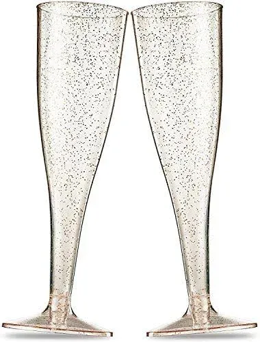 100 Plastic Champagne Flutes - Disposable Champagne Flute - Gold Glitter Plas...