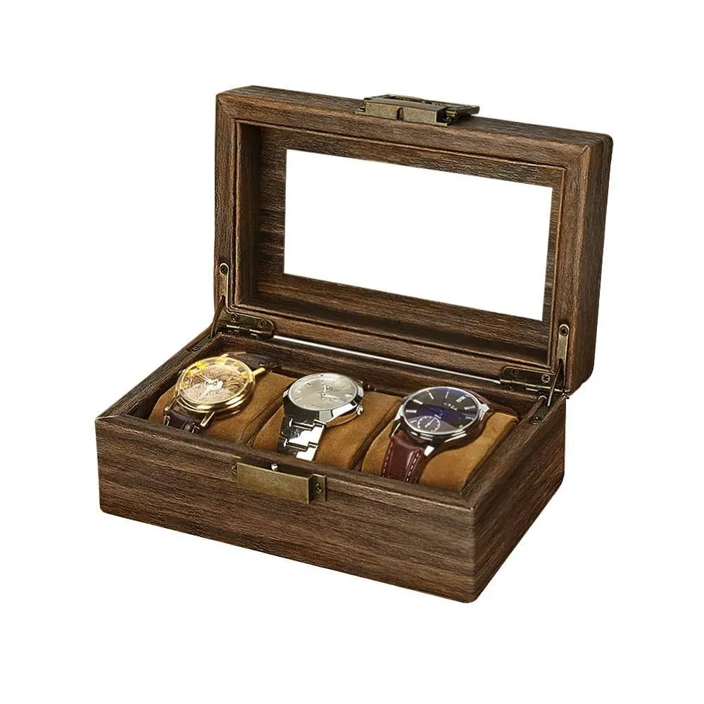 Watch Box for Men-3 Slots Watch Organizer Case,PU Leather Watch Display Storage Box with Glass Lid(Brown, 3Slot)