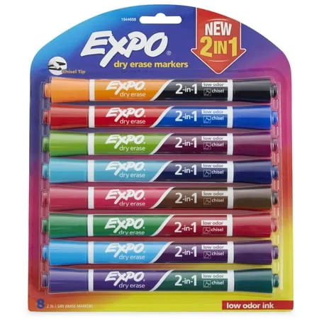 EXPO Dry Erase Markers, 2-in-1 Dual Ended Markers, Chisel Tip, Assorted Colors, 8 Count