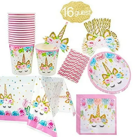 Nifasniy Unicorn Themed Party Supplies Set,Unicorn Cake Plates,cups,napkins,tablecloth,straws&decoration,paper Disposable Tableware Set for Girls