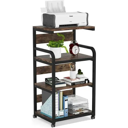 Tribesigns 4-Shelf Mobile Printer Stand with Storage Shelves Large Modern Printer Cart Desk Machine Stand Storage Rack with Wheels for Home Office(Rustic Brown)