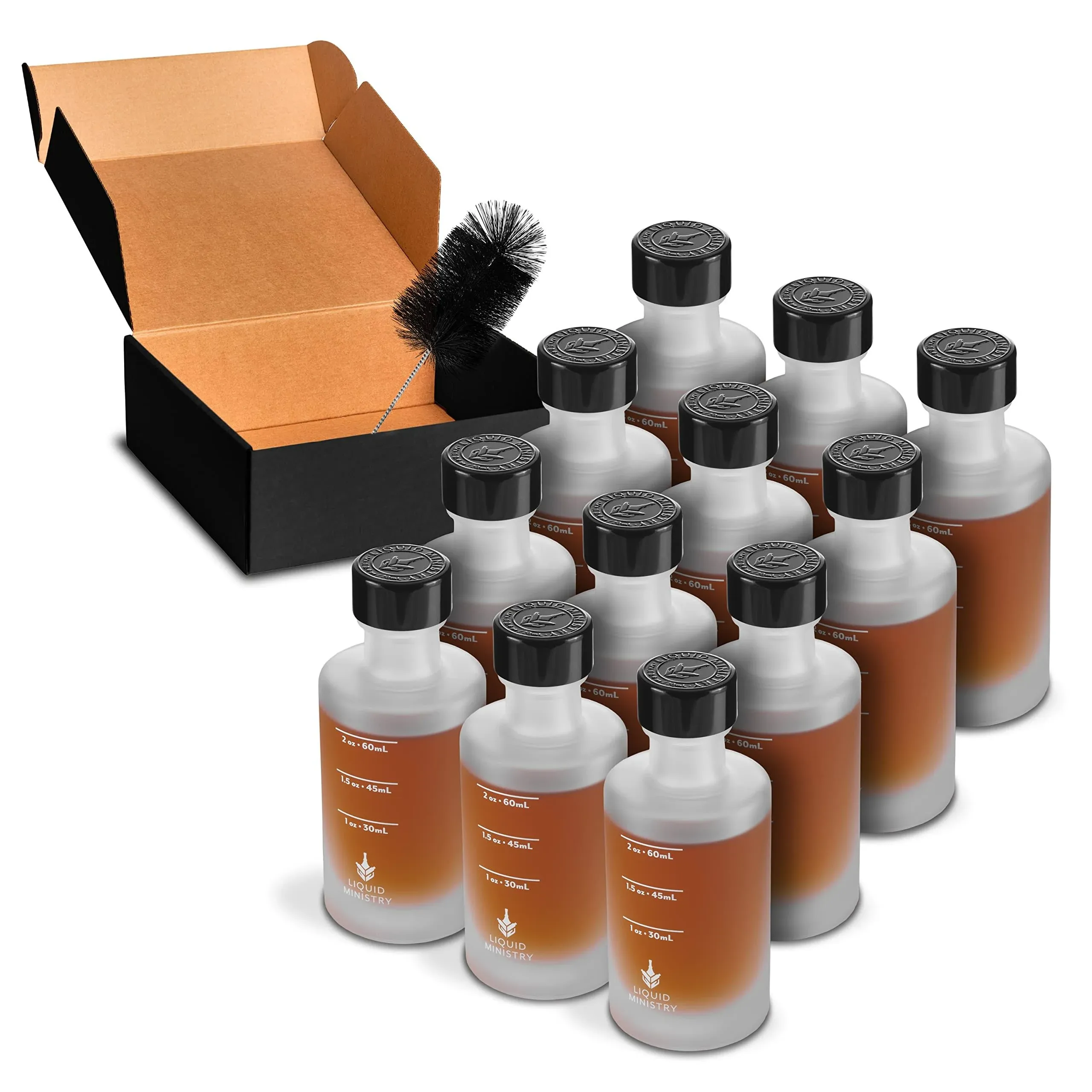 2.4oz / 70mL Small Sample Bottle (12-pack) | Frosted Glass with Black Lids