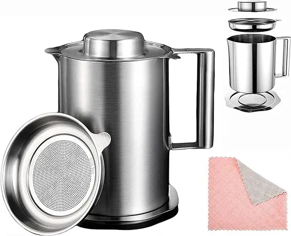 2L Oil Strainer Pot Grease Can Stainless Steel Storage Fine Mesh Food Frying Lid