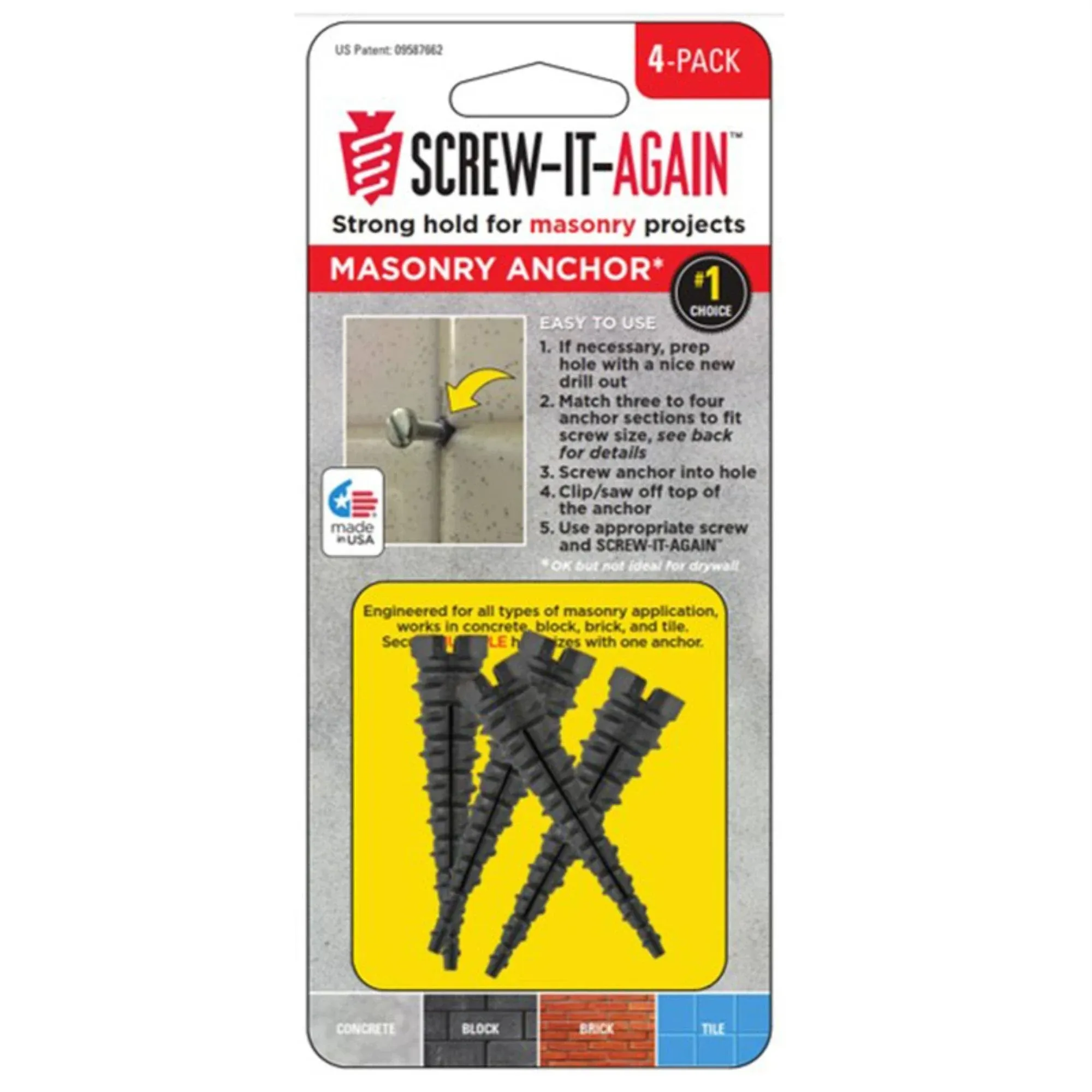 Screw-It-Again SIA-4PK Wood Anchor 1/4" D X 1" L Polypropylene Hex Head