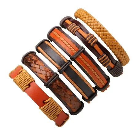 Unisex Orange Brown Braided Leather Punk Rock Cuff Wristband Bracelet For Men or Women 6pcs Set