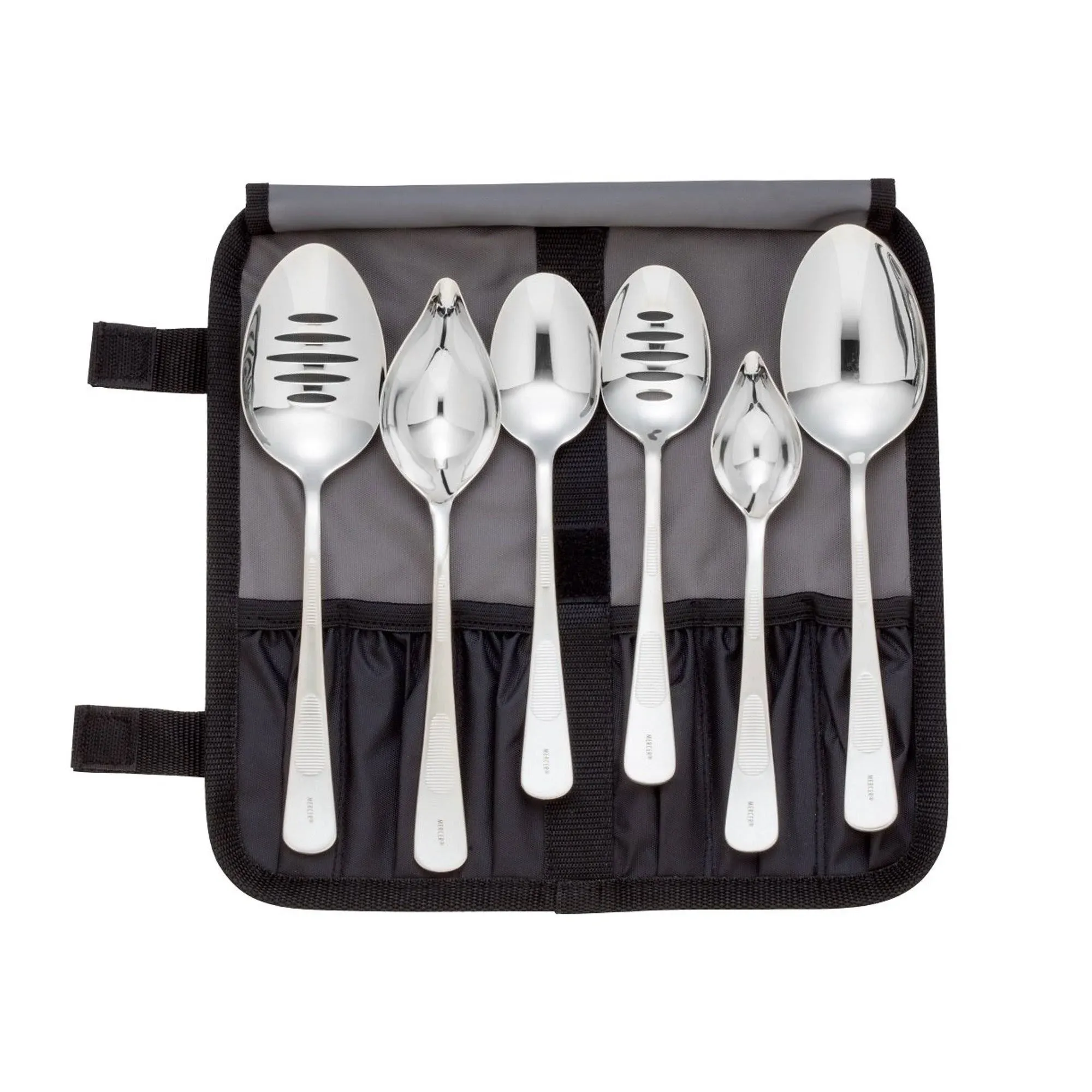 Plating Spoon Set, 7-piece, includes (1) M35142 saucier, (1) M35143 petite saucier, (1) M35138 9in. solid, (1) M35140 7-7/8in. solid, (1) M35139 9in. slotted, (1) M35141 7-7/8in. slotted and (1) M30920 heavy duty compartment roll