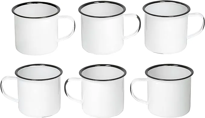 Red Co. Set of 6 Enamelware Metal Medium Classic 12 Oz Round Coffee and Tea Mug with Handle, Distressed White/Black Rim