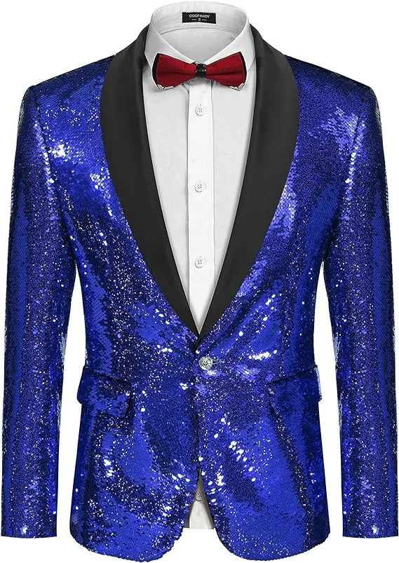 Men Shiny Sequin Blazer One Button Suit Party Jacket Dinner Prom Regular Fit Top