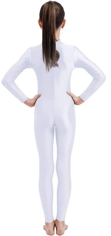 Kids Girls High Neck Zip Long Sleeve Spandex One Piece Unitard Full Body Leotard