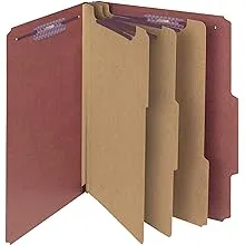 Pressboard Classification Folders with SafeSHIELD Coated Fasteners, 2/5 Cut, 3 Dividers, Letter Size, Red, 10/Box