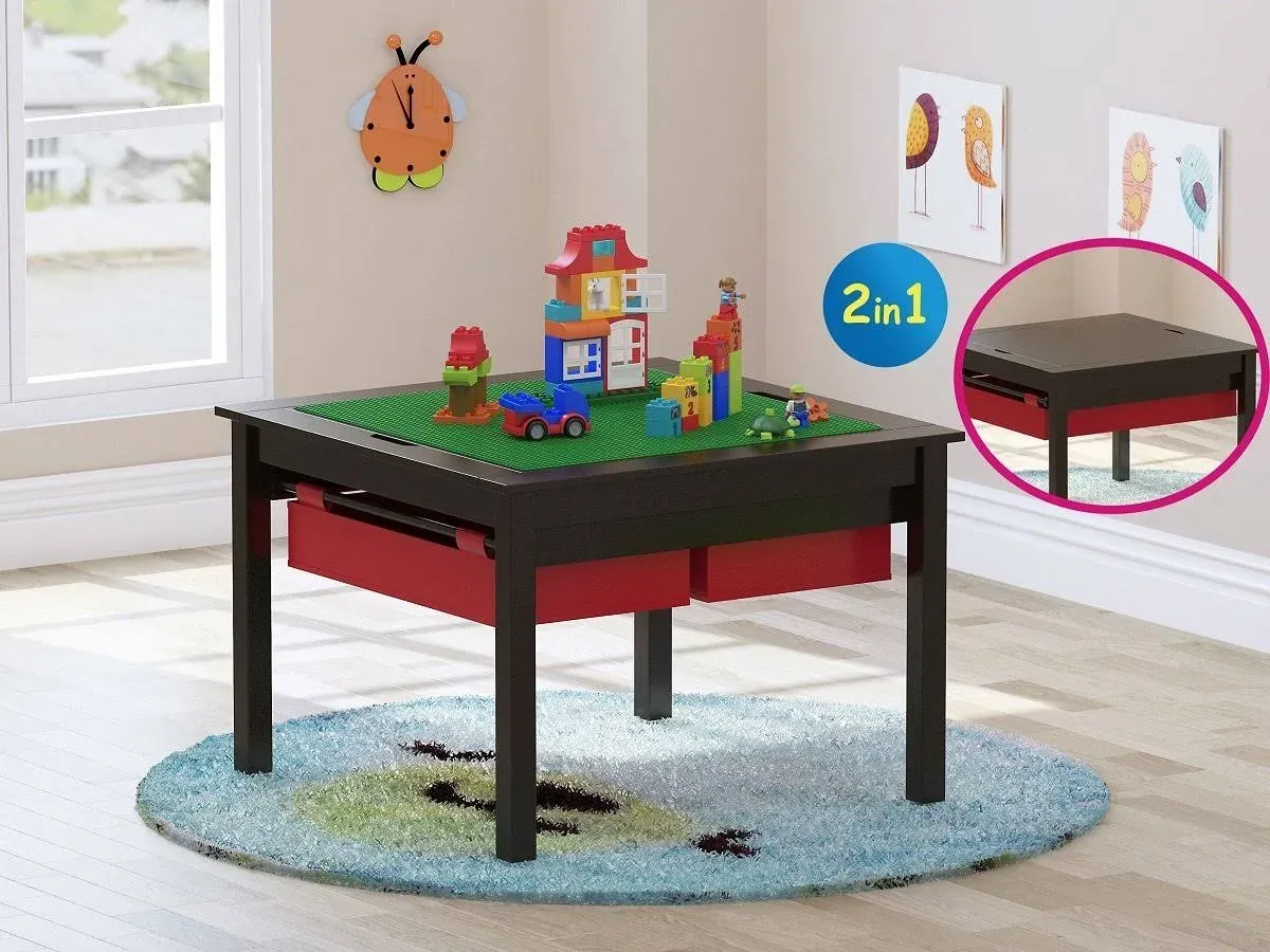 Utex 2 in 1 Kids Construction Play Table with Storage Drawers and Built in Plate