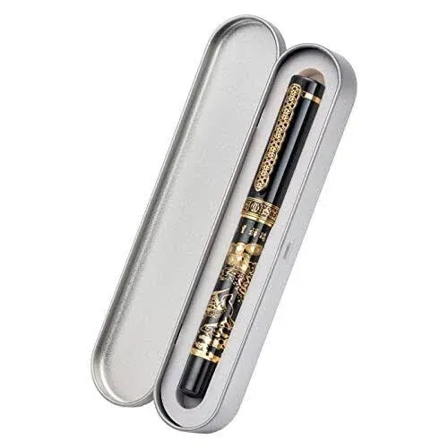 HONG DIAN Hongdian 8037 Chinese Classical Fountain Pen, Iridum Fine Gold Nib with Chinese Deer Totem Design, Smooth Writing Pen with Ink Converter and Metal Pen Box Set Black