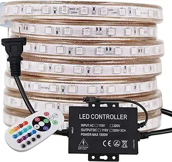 XUNATA 164ft LED RGB Rope Strip Light, AC 110V 3000 Units SMD 5050 LEDs Remote Control Multi-Color Changing Waterproof Flexible Strip Lights for Indoor Outdoor Christmas Decoration