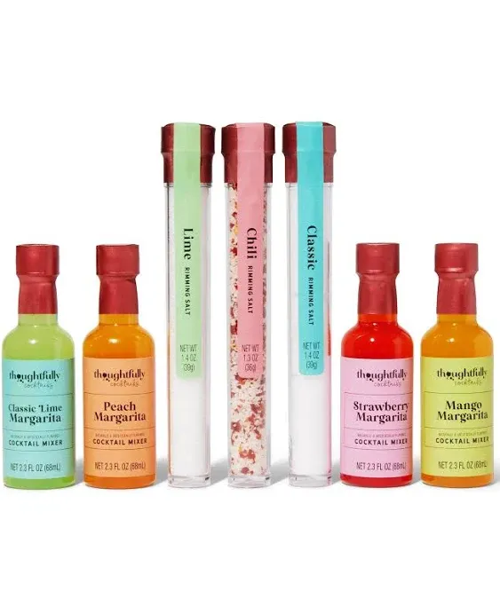 Thoughtfully Cocktails, Margarita Cocktail Therapy Gift Set, Pre-Measured Single Serve Mixers, Includes 4 Fruit Flavored Margarita Mixers and 3 Flavored Rimming Salts, Set of 7 (Contains NO Alcohol)